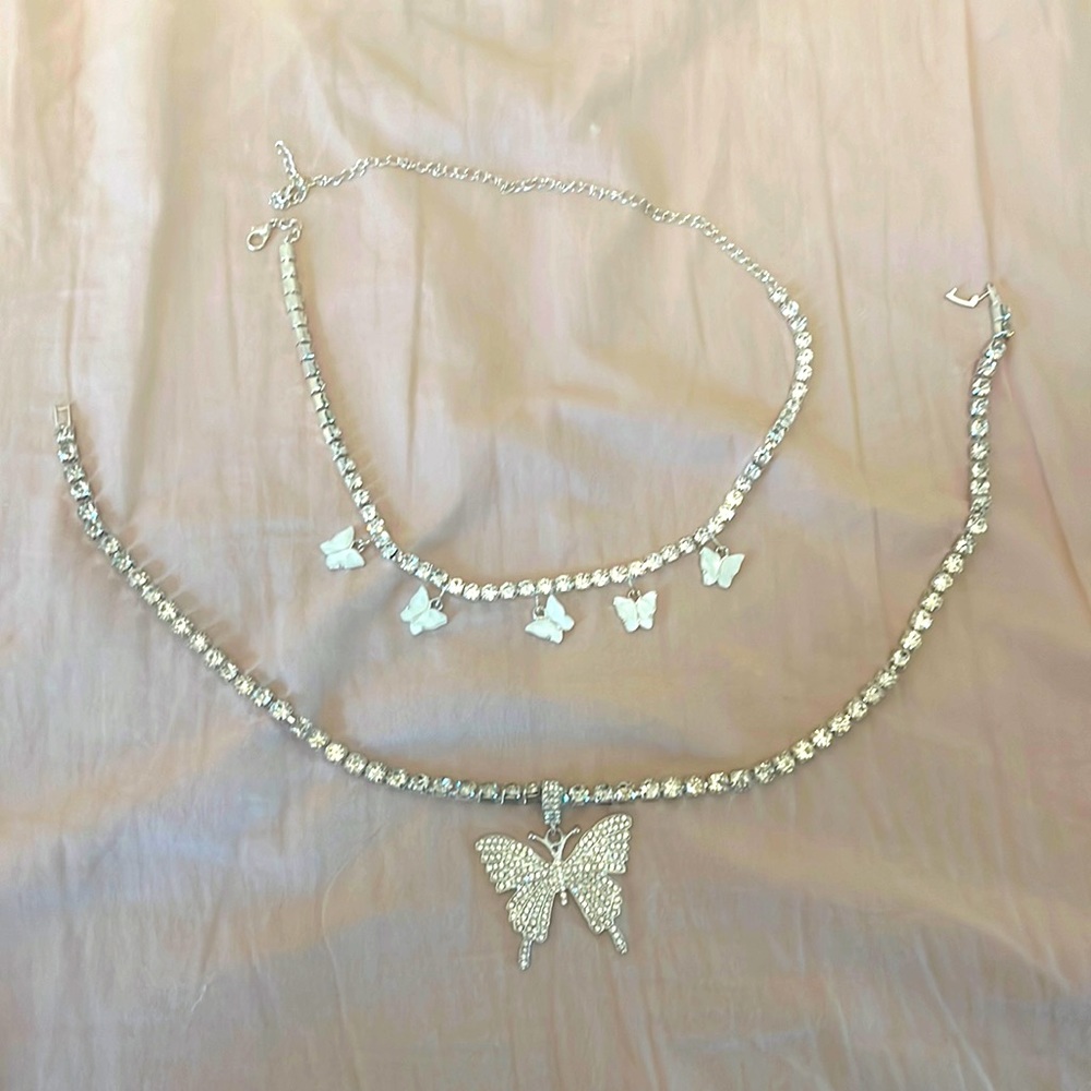 2 diamond butterfly necklaces🩶🦋